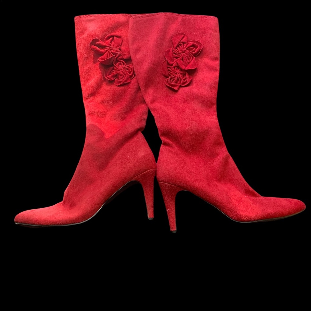 Velvet Heart hot pink suede with floral accents women’s boots.